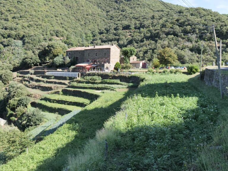 vue du restaurant auberge mas de Daumet dans le parc naturel des Cévennes quand on arrive par la route