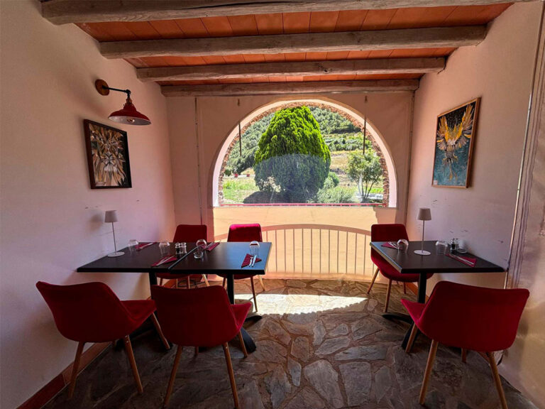 terasse couverte du restaurant auberge mas de Daumet dans les Cévennes